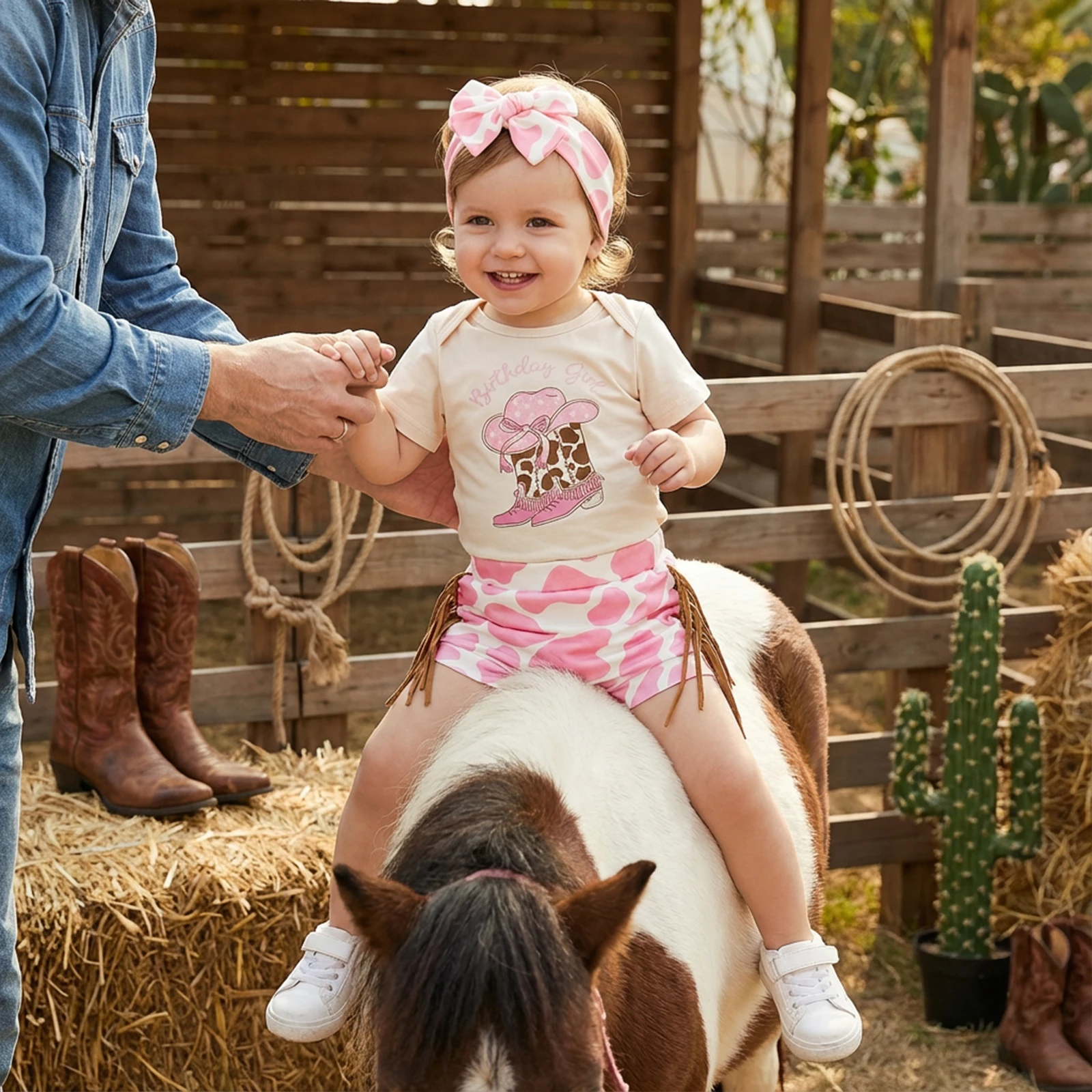

Комплект для девочки на день рождения в западном стиле: комбинезон с коротким рукавом, шорты с бахромой и повязка на голову с бантом, 3 предмета