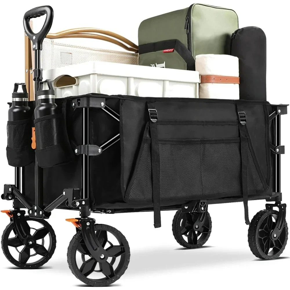 Wagon Cart Foldable, Collapsible Folding Wagon with Compact Folding Design and Side Pocket and Brakes, Utility Garden Carts