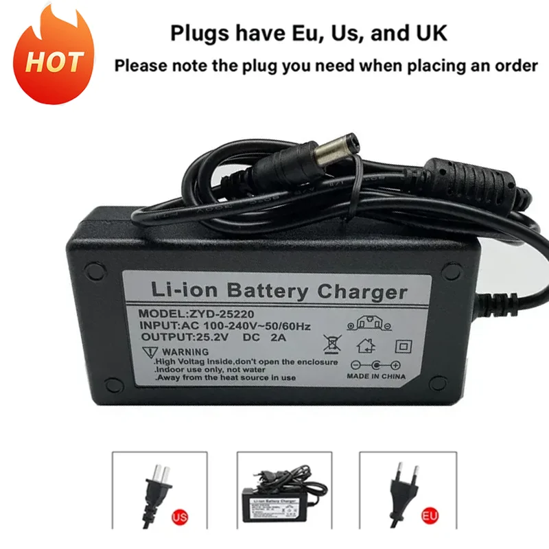 21.6V 22.2V 2A DC 25.2V Three-stages Charger for 14500 14650 17490 18500 18650 26500 Polymer Lithium Battery Pack Charger