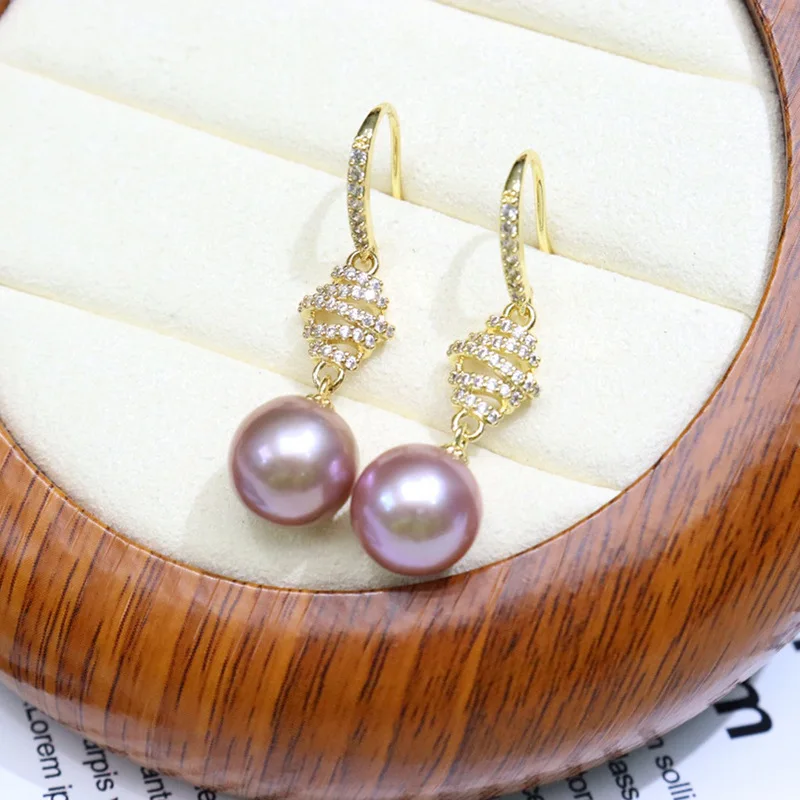 New Honeycomb Freshwater Pearl Ear Hook 9-10mm Round Micro-flaw Strong Light 18k Gold Micro-inlay Simple And Versatile