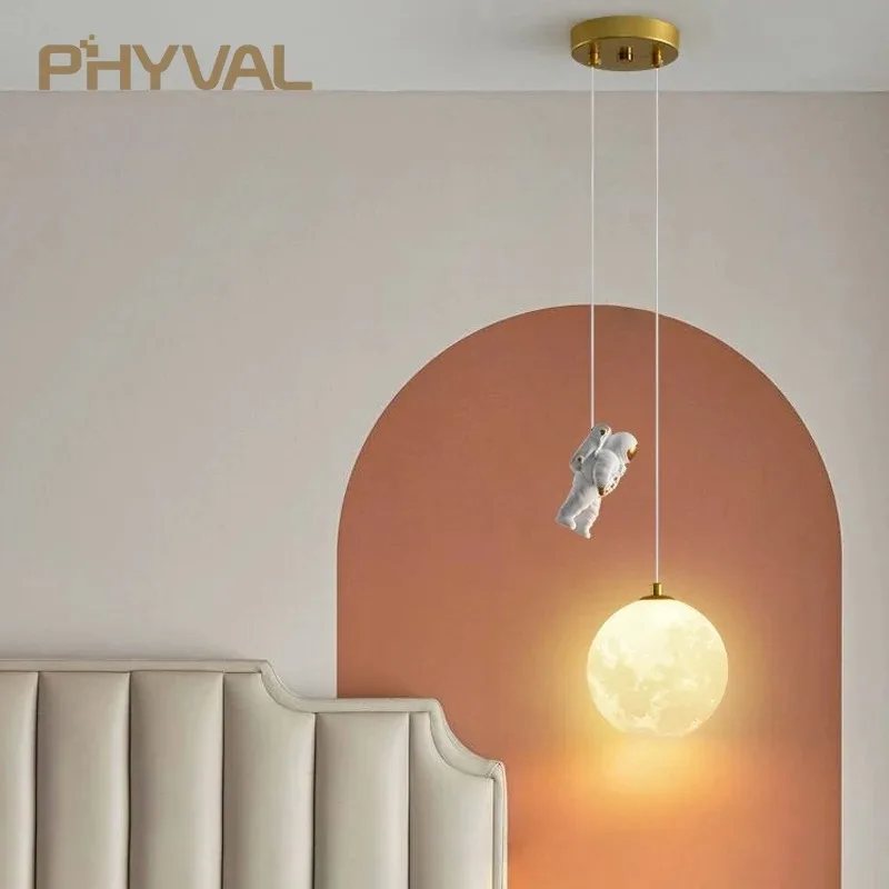 Nordic Pendant Light Moon 3D Astronaut Decorative Chandelier Suitable for Bedroom Bedside Living Room Indoor Home Pendant Lamp