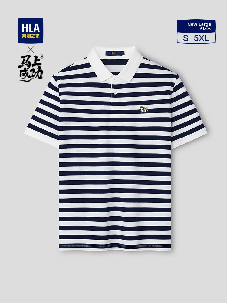 HLA Sea  Year Micro Elastic Short Sleeve  Shirt Spring Summer New Style Turn Collar Stripe Lucky  T-Shirt for Men