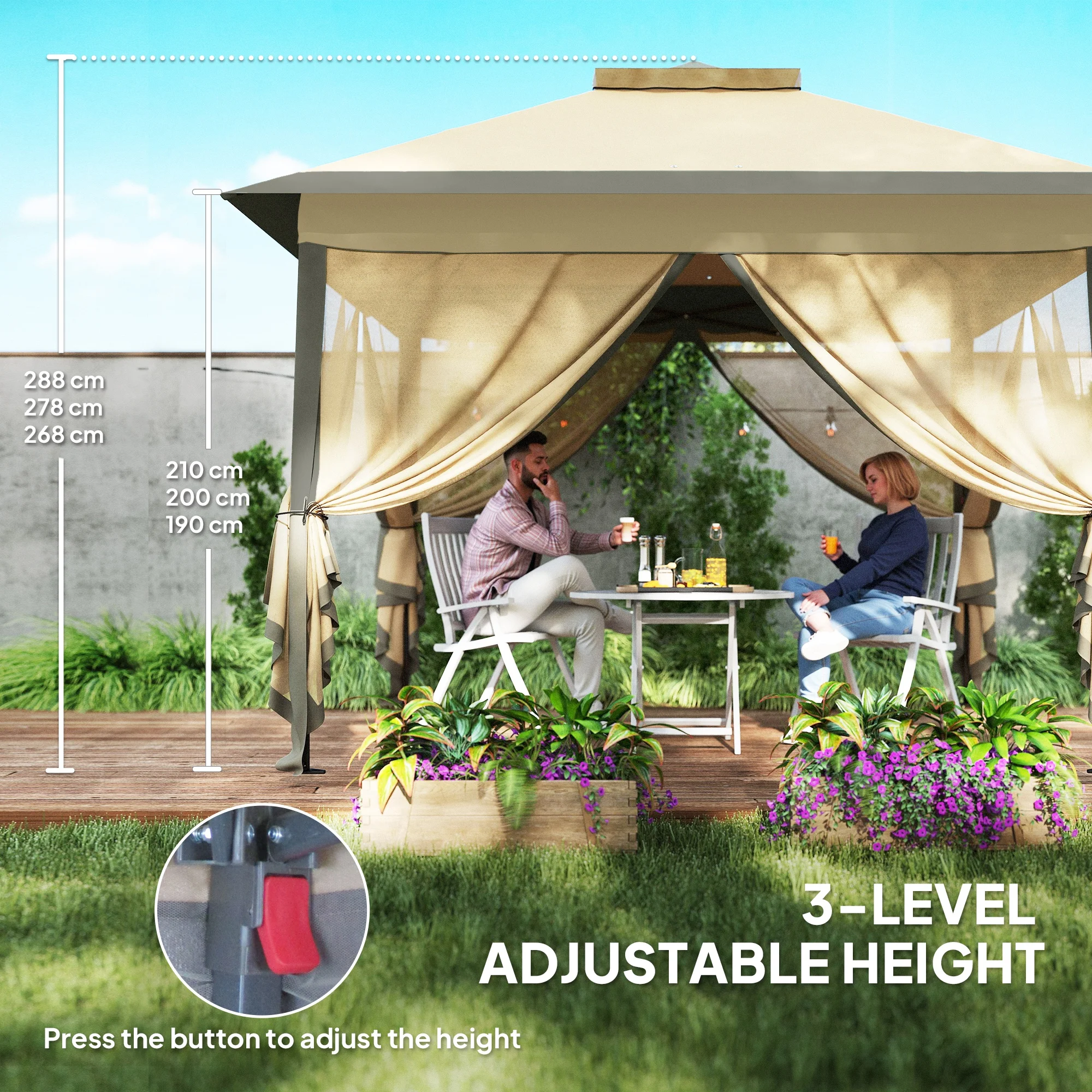 Outsunny 3.3 x 3.3m Pop Up Gazebo, Double Roof Foldable Canopy Tent with Zipped Mesh Sidewalls, Height and Carrying Bag, Beige