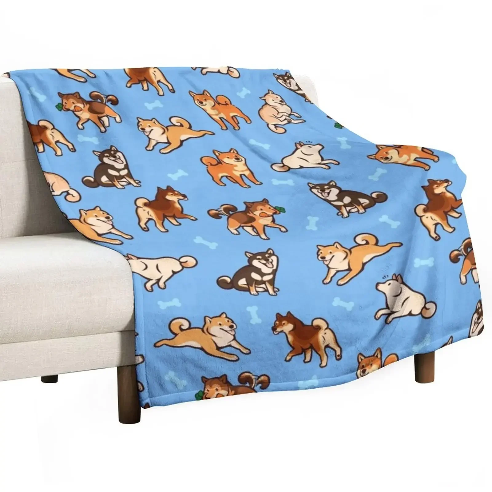 

shibes in light blue Throw Blanket Single Blankets For Bed Fluffys Large Blankets