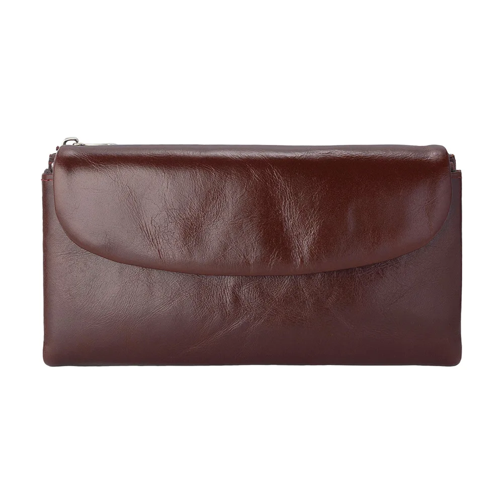 Tempat Kartu RFID Tas Dompet Kulit Asli Dompet Kulit Sapi Lilin Minyak Lembut Tas Clutch Kulit Sapi Panjang Wanita