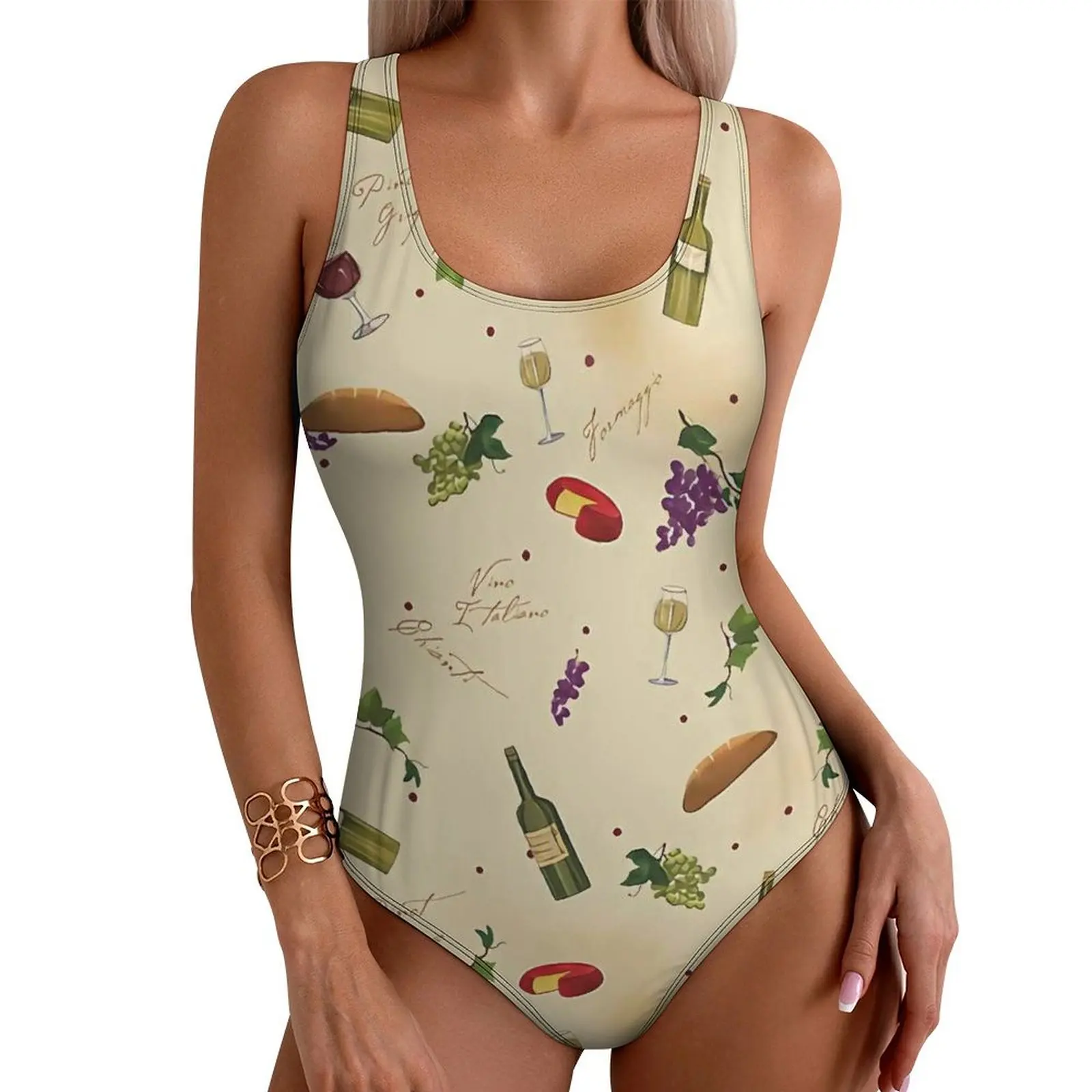 Wine Pattern Swimsuit Funny Food Print Swimwear One-Piece Holiday Pool Swimsuits Backless Monokini Woman Push Up Sexy Beachwear