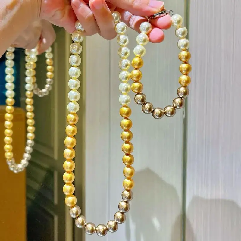 10mm high-quality bright warm gold-toned crystal gradient pearl necklace