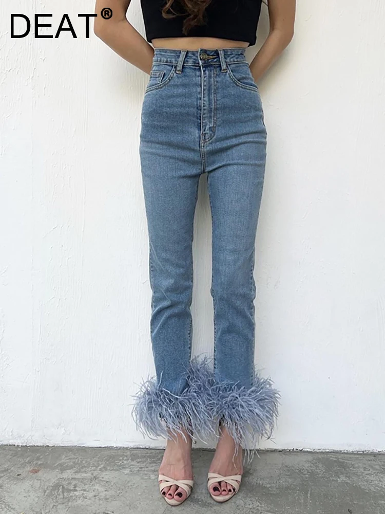 DEAT Women's Jeans High Waist Spliced Feathers Slim Cotton Stretch Denim Ankle-Length Pencil Pants 2024 Autumn New Fashion