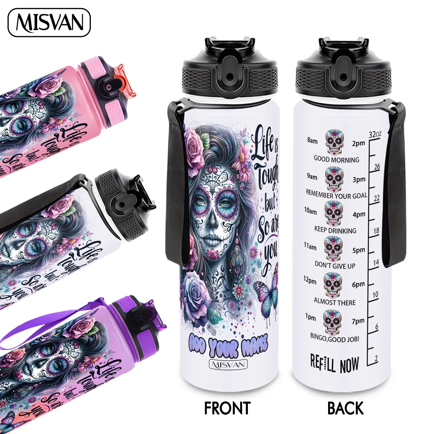 

Бутылка для воды 32 унции с индивидуальной гравировкой, дизайн «Сахарный череп» с цветами и бабочками, для ежедневного увлажнения организма, для спортзала и велоспорта, 1 шт.