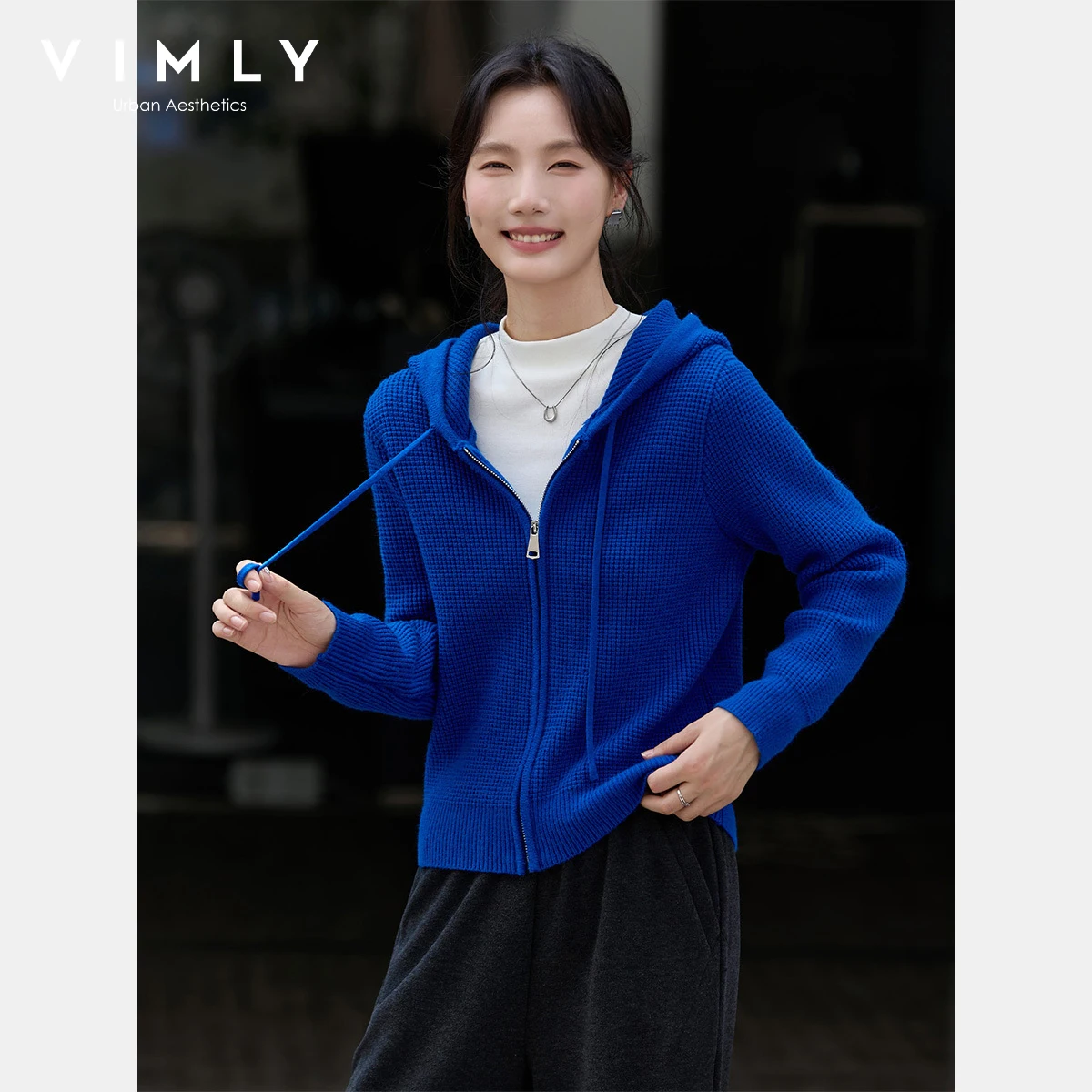 

VIMLY синий кардиган, женская вязаная толстовка на молнии, повседневные женские свитера с длинными рукавами, осень 2024, большой кардиган на шнурке 75106