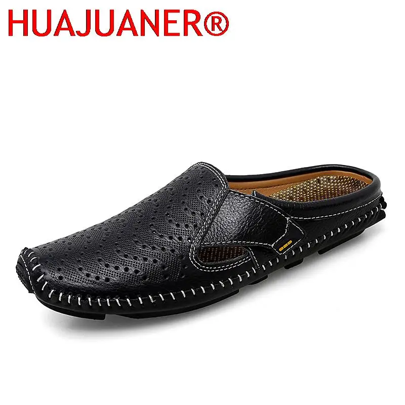 Novo couro genuíno chinelos masculinos verão respirável casual mules luz meia sapatos para homem ao ar livre anti-deslizamento de condução mocassins homem