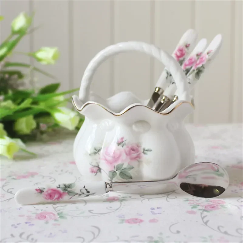 

5pcs European Ceramic Stainless Steel Spoon Teaspoon Spoon Luxury Gift WIth Lace Basket For Cafe Shop Home
