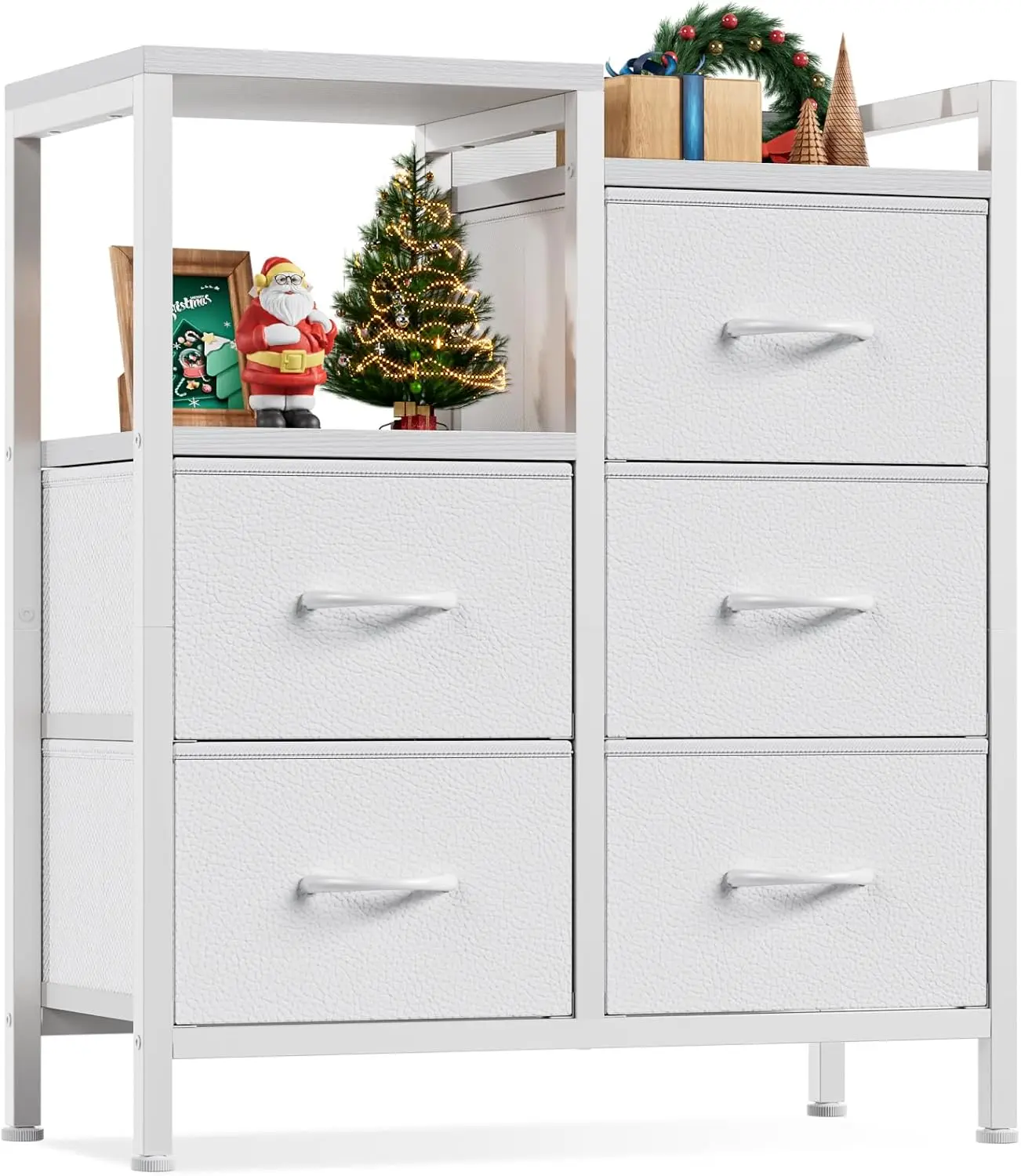 

White Dresser for Bedroom, Small Nightstand with 2-Tier Open Shelf and 5 Fabric Drawers, Storage Unit Organizer Tower Furniture