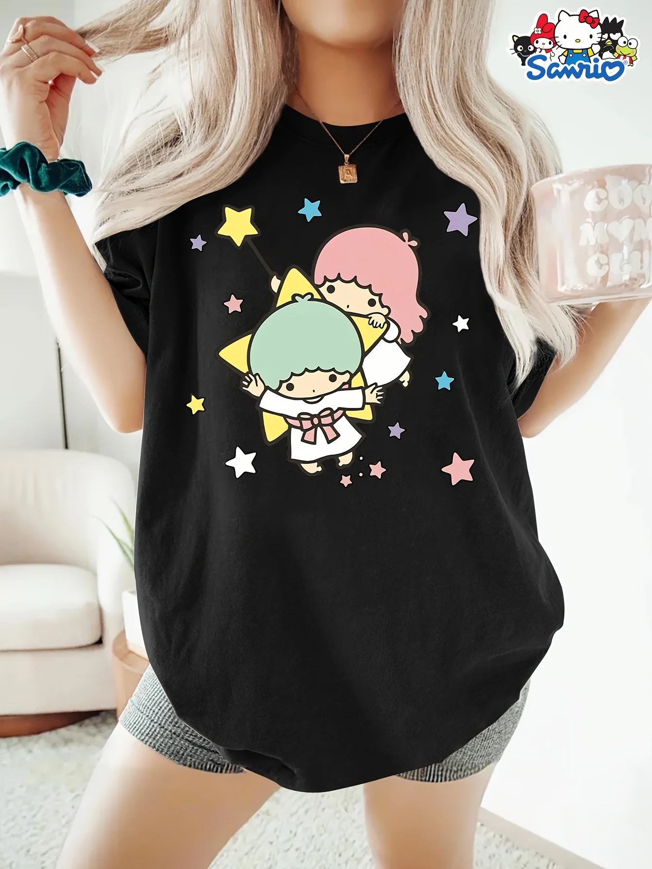 Miniso sanrio pequenas estrelas gêmeas camiseta dos homens dos desenhos animados camiseta o pescoço casual oversize manga curta solta streetwear moda topo