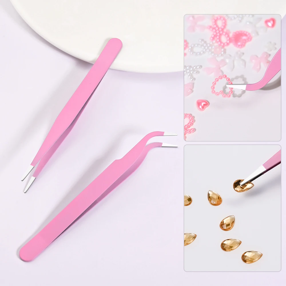 1/2Pcs Fake Eyelash/Nail Art Tweezers Stainless Steel Straight/Elbow PickUp Sticker&Rhinestone Tweezers for Makeup Manicure Tool