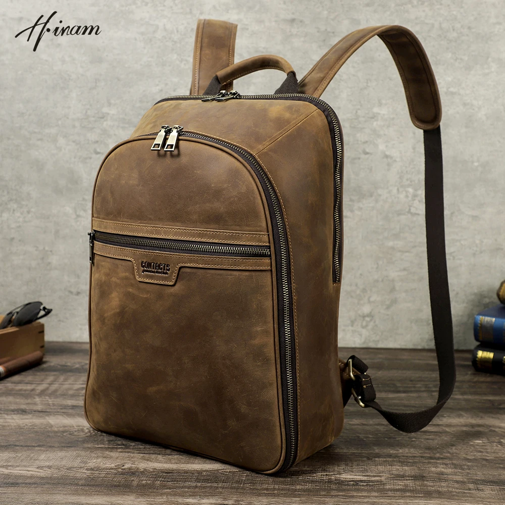 Retro Backpack Men Leather Laptop Backpacks 15.6 16  Large Capacity Outdoor Travel College School Bags Boy Student Backpack