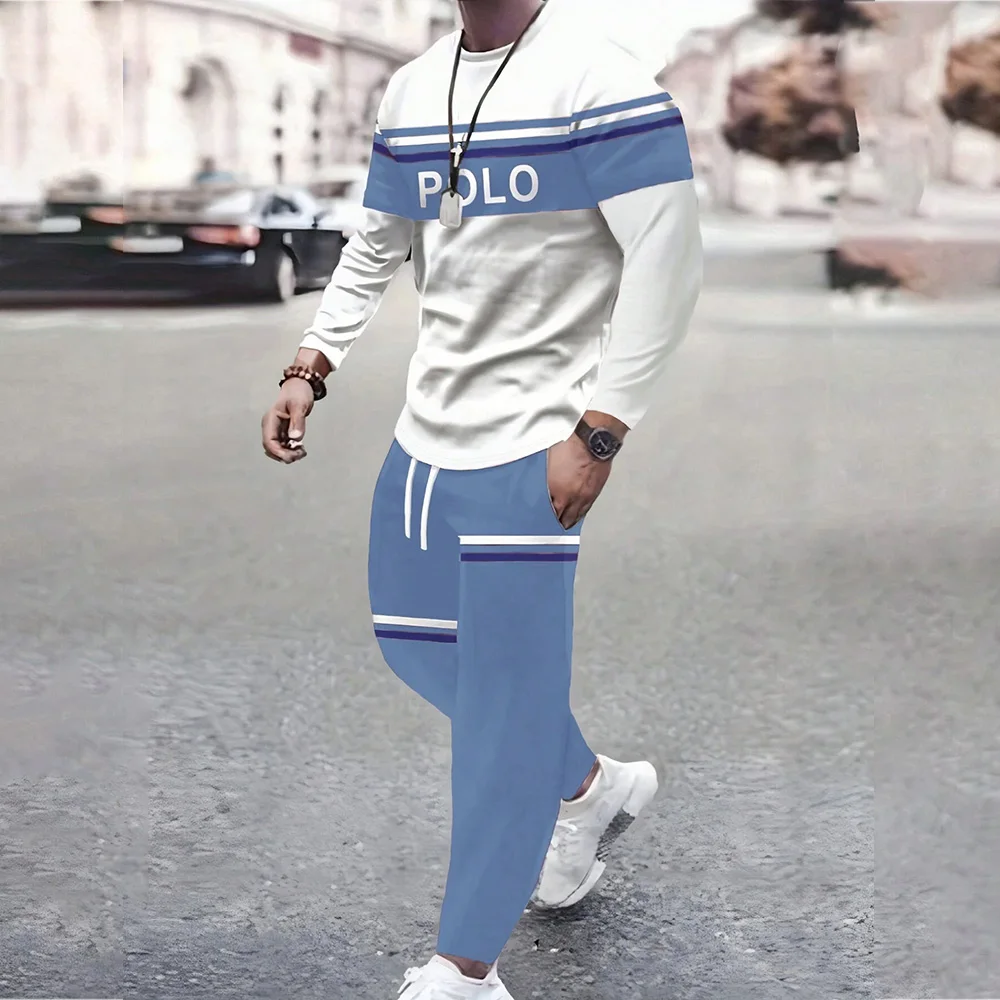 2024 Men's 2 Pieces Tracksuit Set Jogging Suits Casual  Stripe Print Long Sleeve T Shirt And Drawstring Waist Pants Sweatsuits