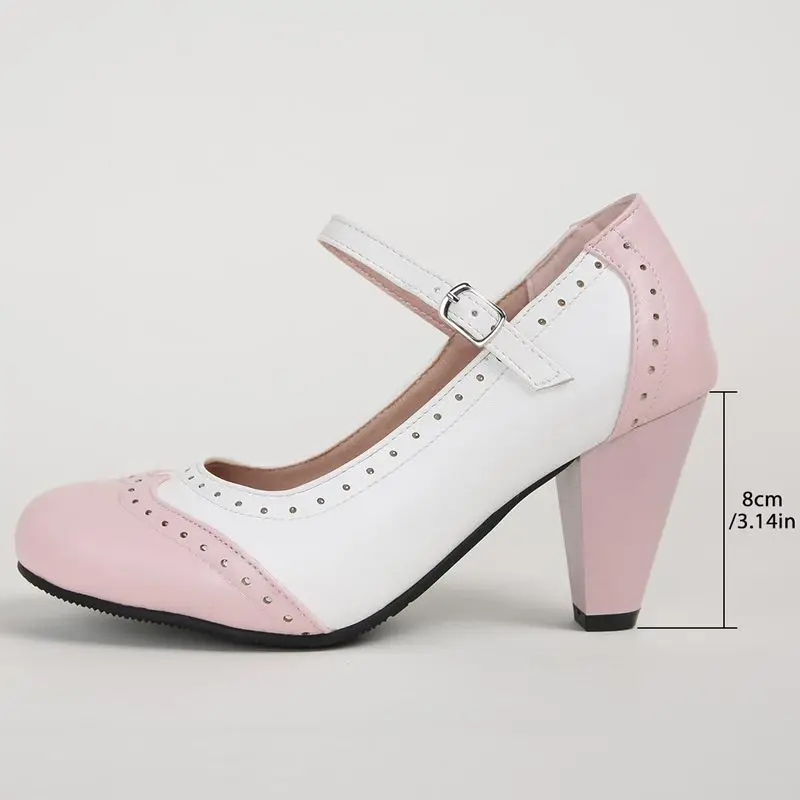 REAVE CAT Office Lady Pumps Mixed Color Round Toe Block Heels 8cm Buckle Strap 45 46 47 48 Elegant Women Daily Shoes