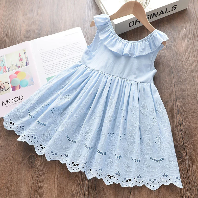 Infant Girls Summer Casual Birthday Party Costumes 2-6Years Girl Elegant Dresses Toddler Blue Dress Simple Lady Wind Vestidos