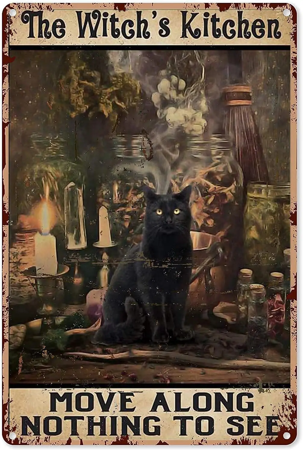 Black Cat The Witch's Kitchen Move Along Nothing to See Vintage Metal Tin Sign 8x12 Inches Wall Decor for Bars Restaurants C