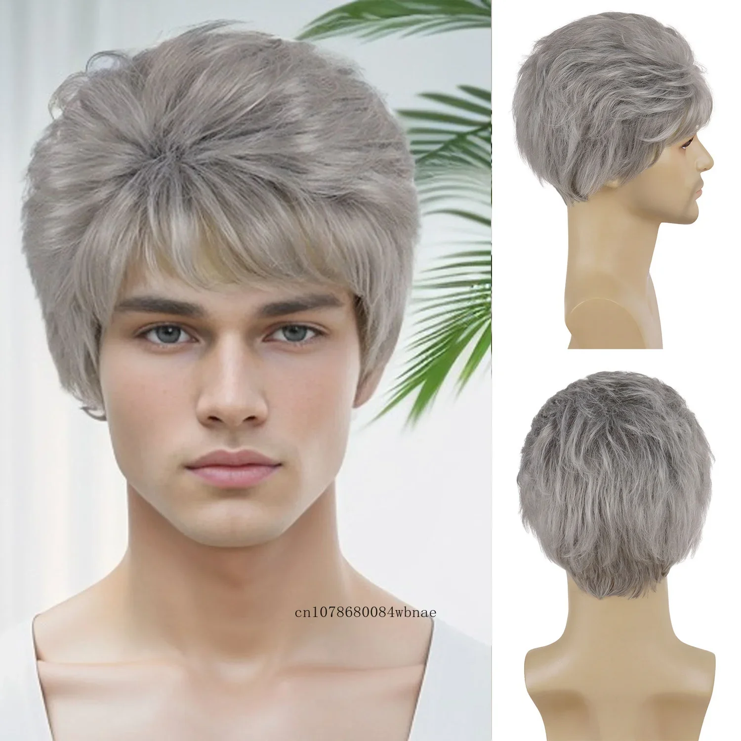 Layered Old Man Grey Wigs Synthetic Hair Short Gray Wig with Bangs for Men Father Daily Cosplay Costume Party Heat Resistant