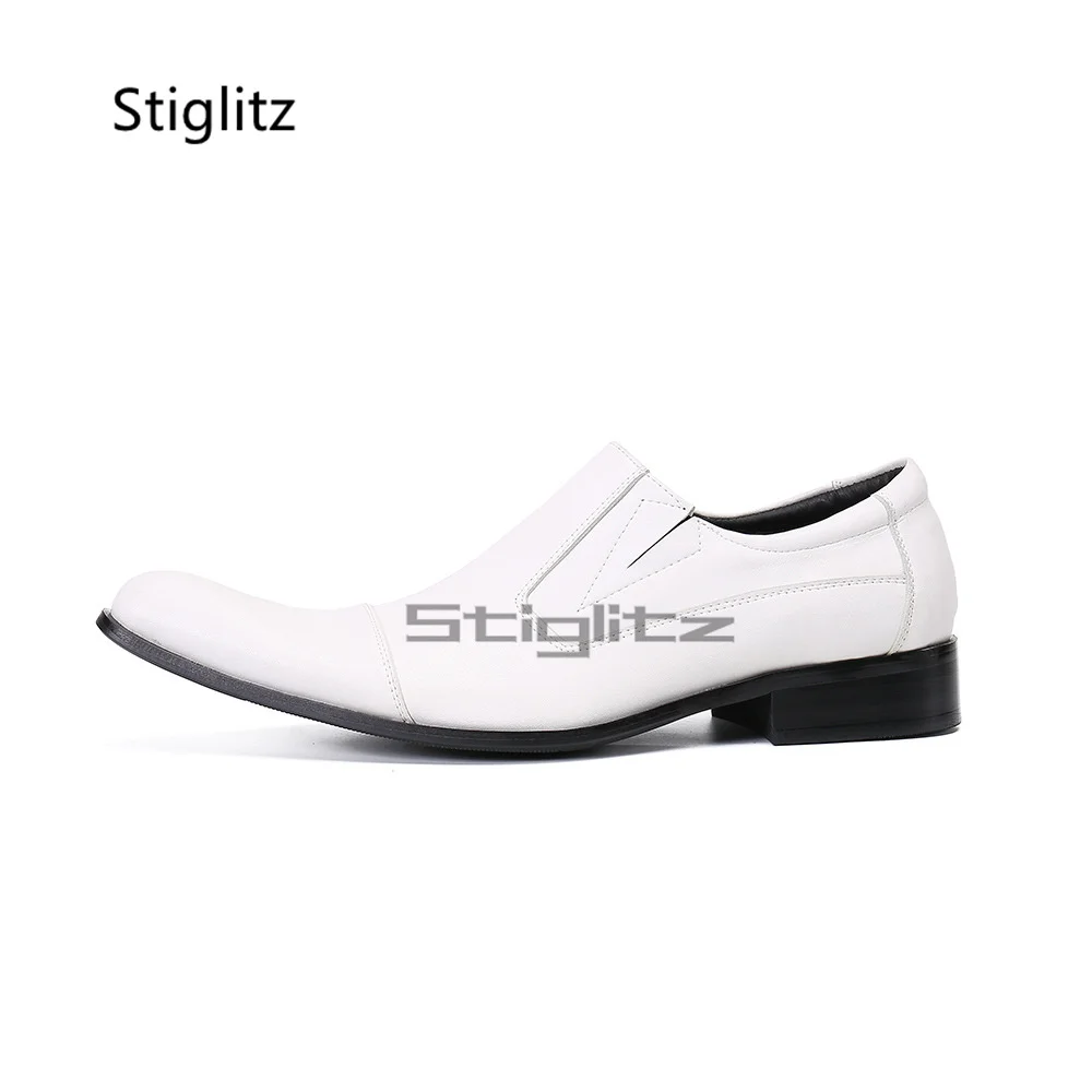 White Leather Slip On Loafers Men Pointed Toe Low Heel Formal Dress Shoes Genuine Leather Business Wedding Shoes Big Size 38-47