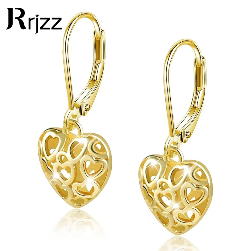 Rrjzz Silver 14K Gold Plated French Style Leverback Earrings Heart Dangle Drop Earrings for Women Hypoallergenic Jewelry Gift