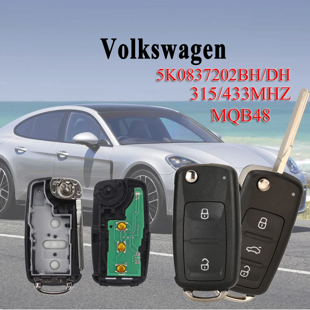 

Jingyuqin Применимо: Volkswagen 2/3 кнопки 315/433 МГц 5K0837202BH/DH MQB48 Складной автомобильный ключ с дистанционным управлением Прочный НЕТ логотипа