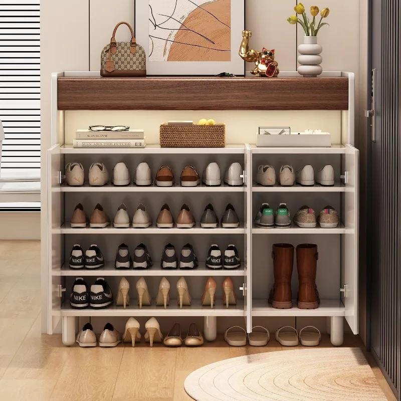 New solid wood large-capacity cream wind floor-to-ceiling entrance cabinet, integrated household high-foot storage cabinet