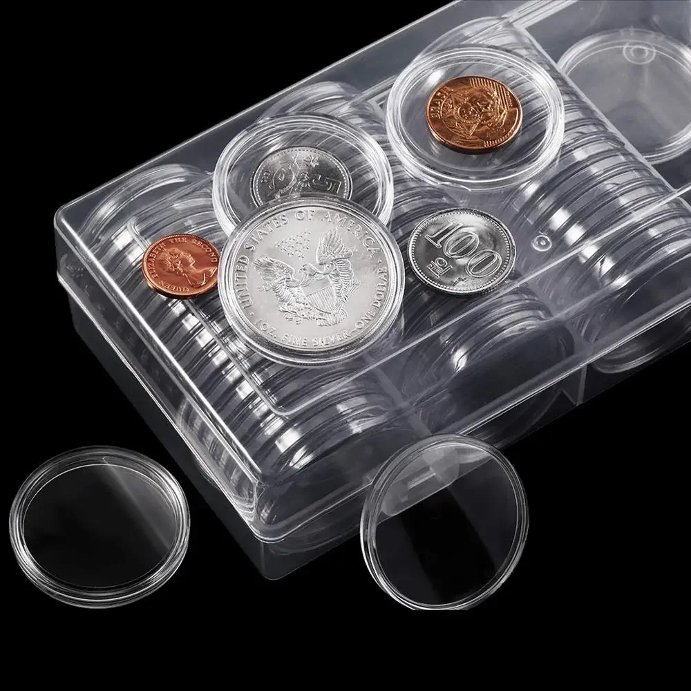 60PCS 41mm Plastic Coin Capsule Case with Storage Organizer Box for American Silver Eagle Coin Holder Collection Supplie