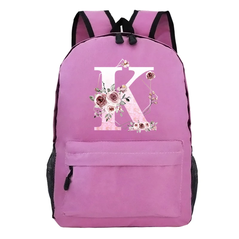 26 Pink Flower Alphabet Pattern Backpack Women Large Capacity Laptop Schoolbag for Teenage Girls Letter K Floral Travel Satchel