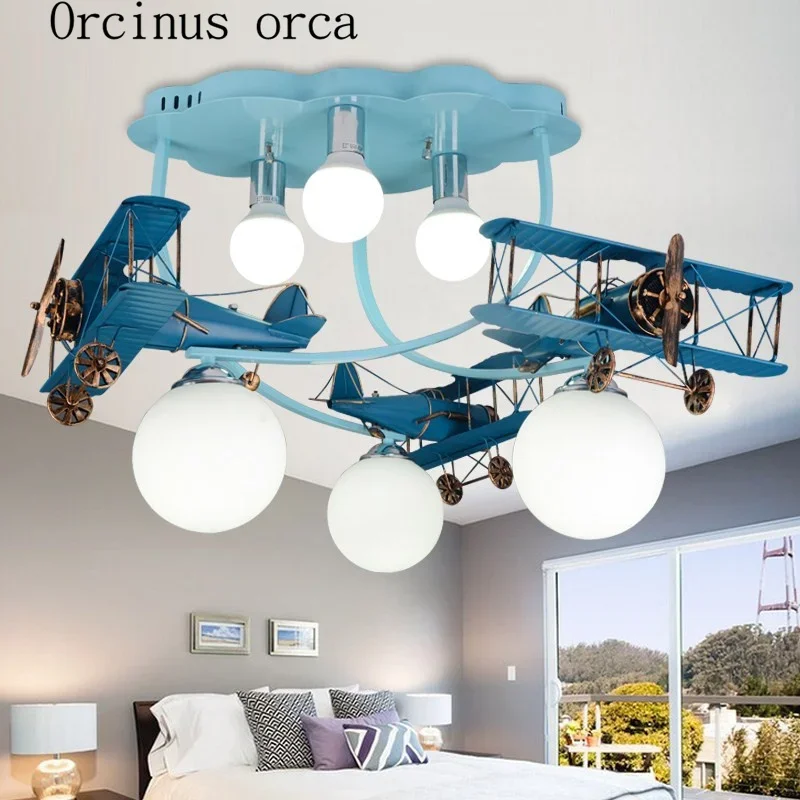 American retro aircraft hanger lights children's room boys and girls bedroom creative cartoon LED iron ceiling lamp