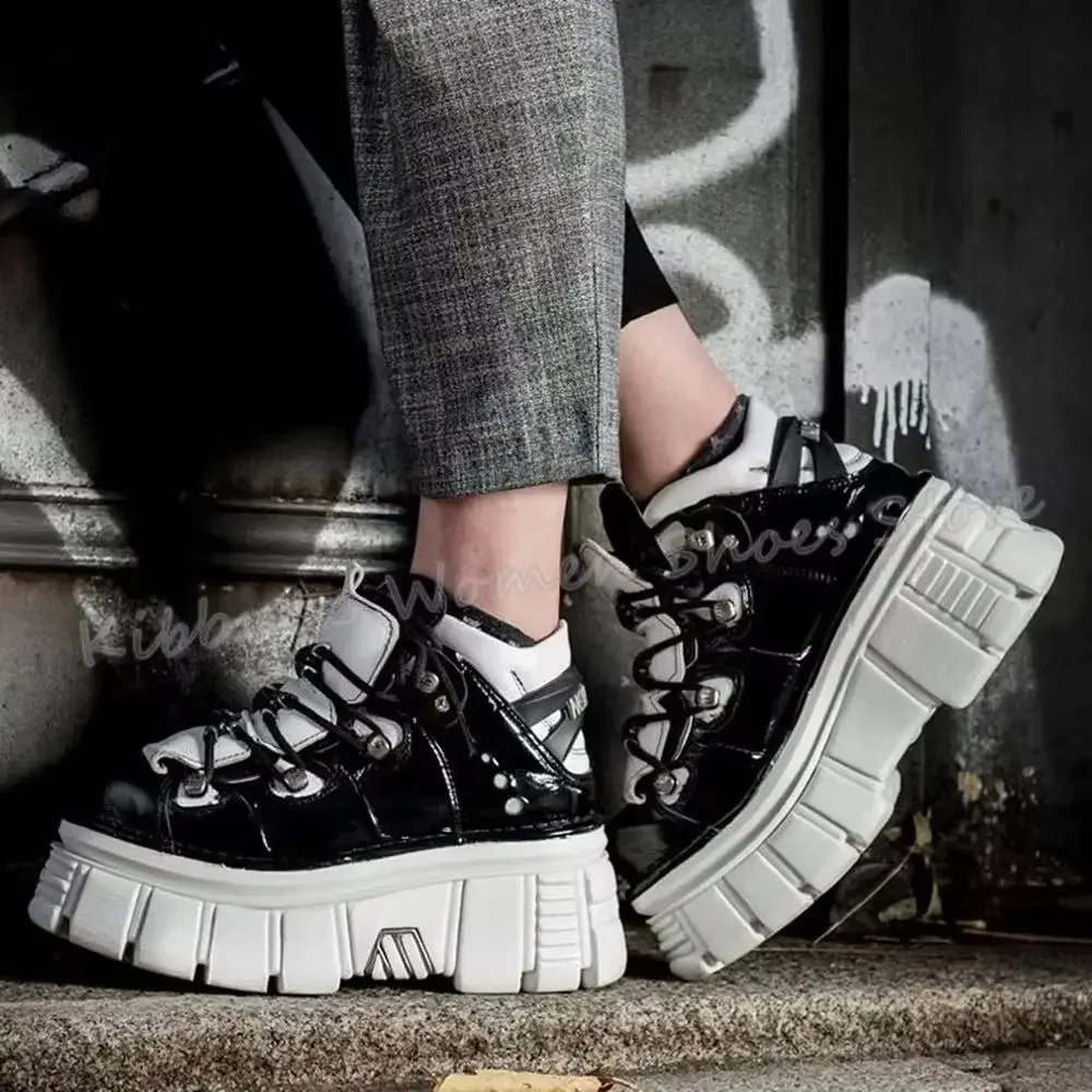 

Punk Sneakers Platform Rock Gothic Dark Style Y2k Round Toe Thick Bottom Mixed Color Lace-Up Women Shoes Fashion Concise Newest