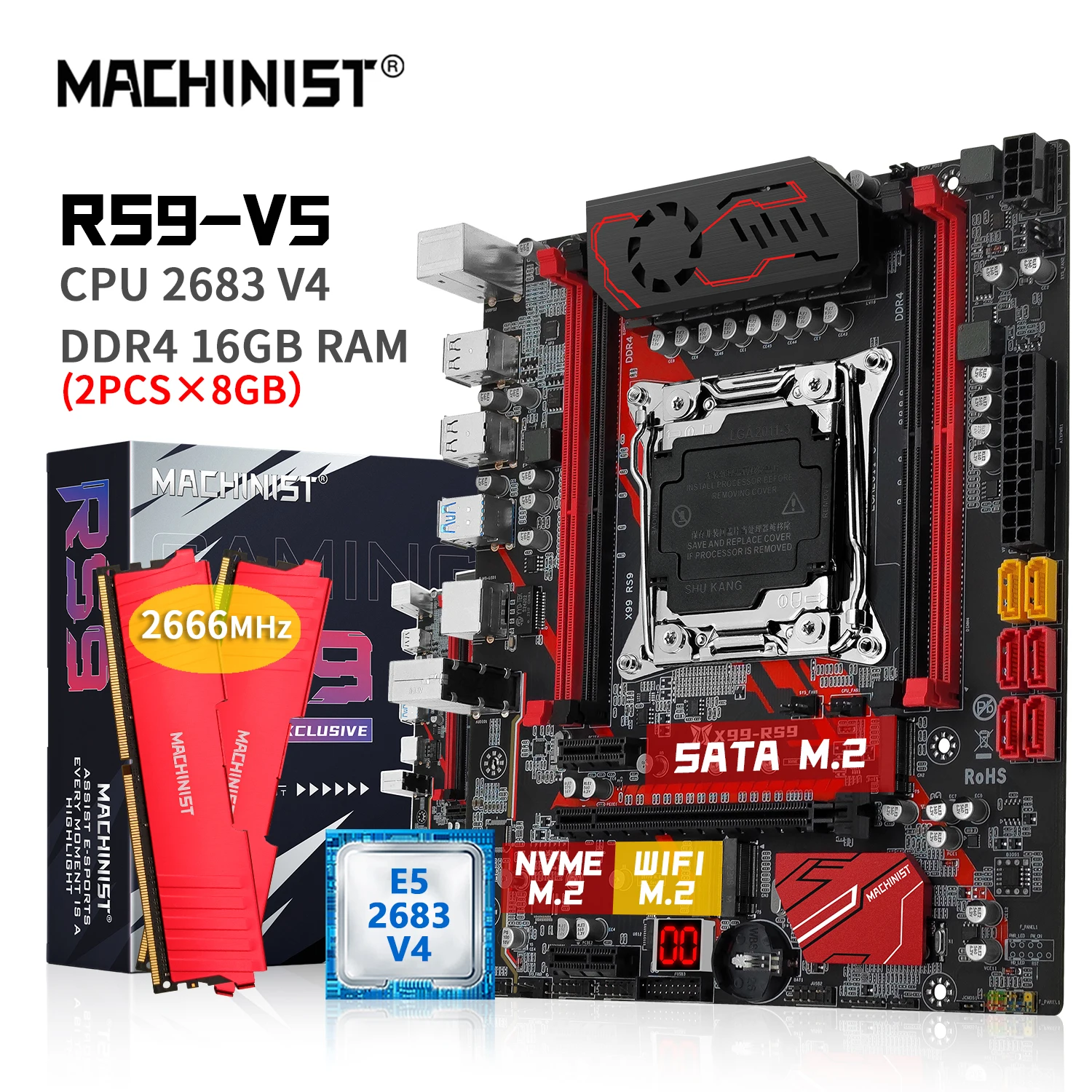 

MACHINIST X99 Motherboard Combo LGA 2011-3 Kit Xeon E5 2683 V4 CPU Processor 16GB DDR4 2666MHz RAM NVME M.2 WIFI USB 3.0 RS9-V5