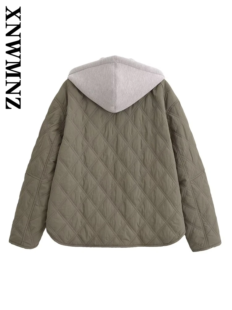 XNWMNZ 2024 New Woman\'s Autumn Casual Vintage Hooded Collar Coat Female Winter Thick Solid Color Padded Jacket Top Long Sleeve