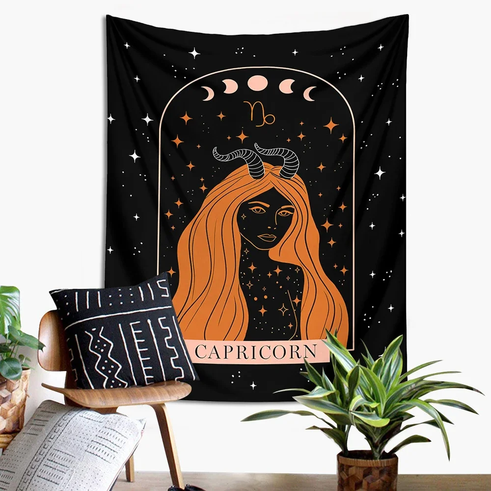 Psychedelic Twelve Constellations Signs of Zodiac Tarot Tapestry Wall Hanging Sun Moon Phase Witch Divination Room Living Room