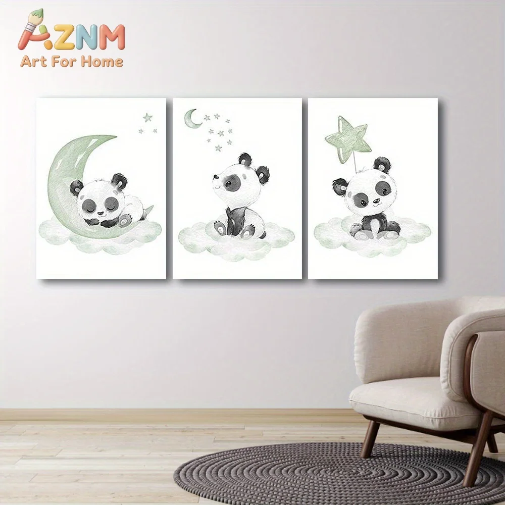 AZNM Cute Panda Canvas Wall Art Moon Star Cloud Watercolor Frameless Canvas Painting Nursery Kids Room Home Decor Poster