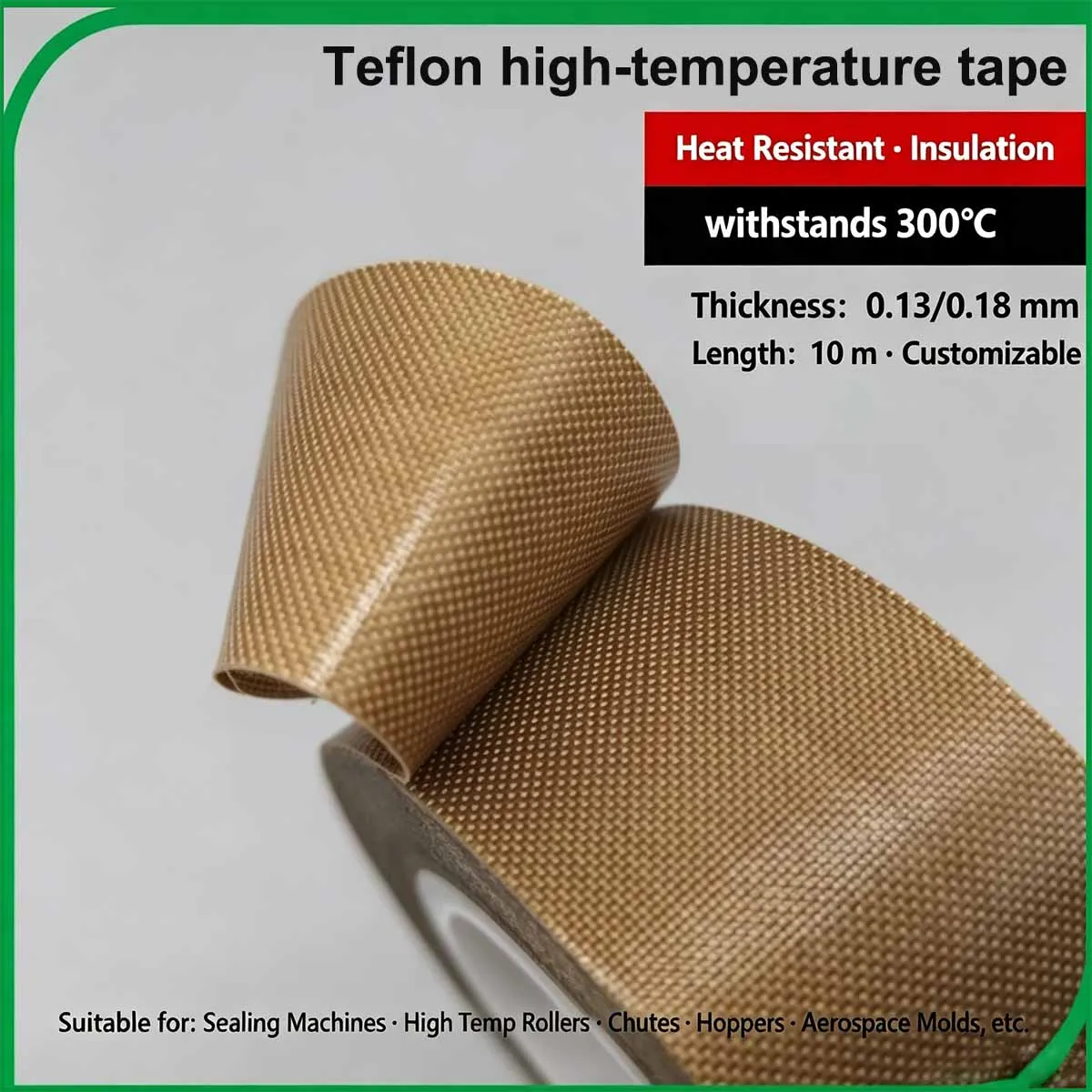 10M Length High Temperature Resistance Tape 300 Degrees PTFE Cloth Heat Insulation Adhesive Sealing Tape Cloth 0.13/0.18mm