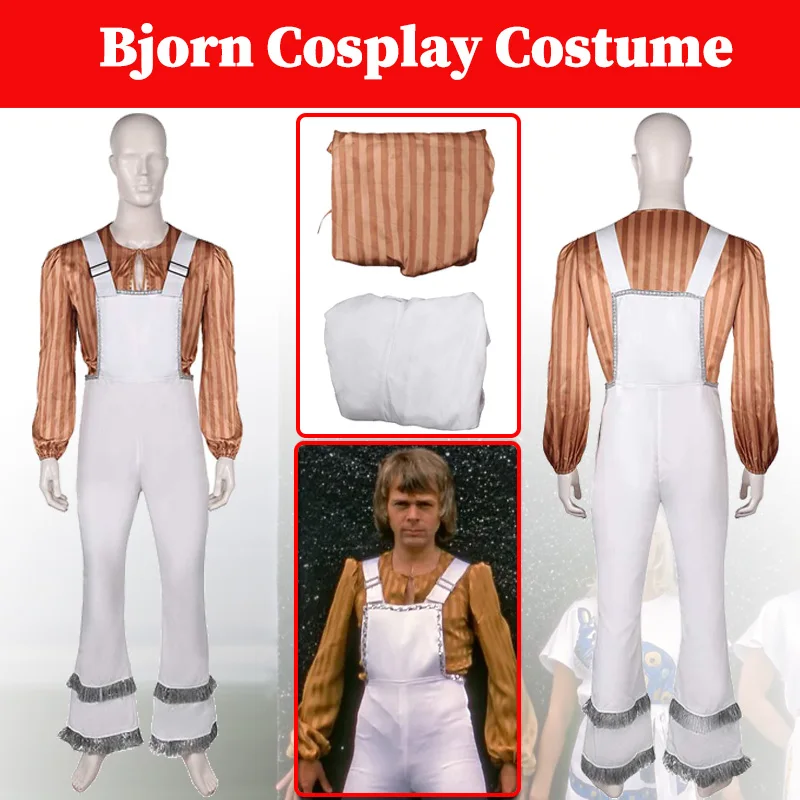 

Bjorn Ulvaeus Cosplay Men Retro Overall Costume 70s Band Disguise Outfits Vintage Stripe Shirt Pant Male Roleplay Halloween Suit