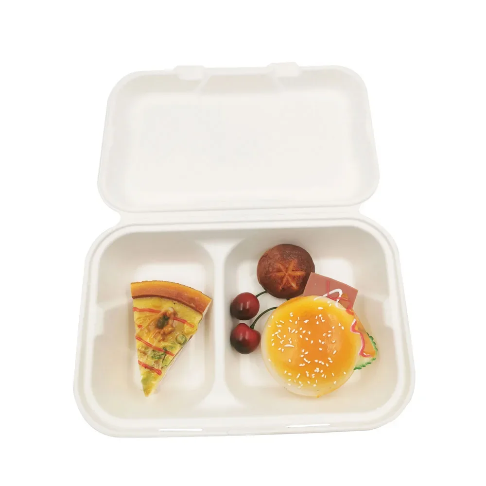 

Biodegradable Sugarcane Bagasse Clamshell 9*6 inch 2- Compartment 100% Compostable Take Away Lunch Box 100pcs