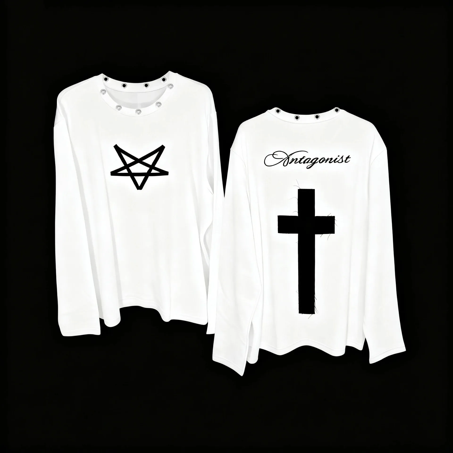 Dark Cross Patch Fabric round Neck Long Sleeve Pullover T-Shirt Retro Style Street Trend Ins Personalized Clothing
