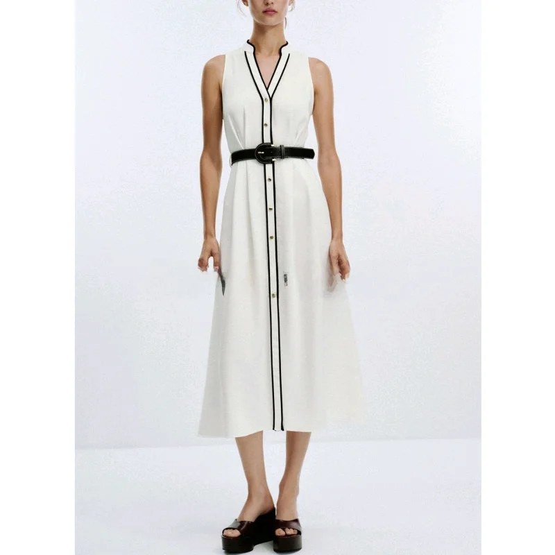 Vestido midi de verão, estilo mata, gola redonda, sem mangas, com blocos de cores, cintura alta, estilo casual para mu...