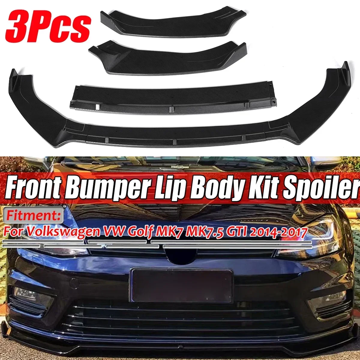 New 3 Pieces Car Front Bumper Lip Diffuser Spoiler Cover Guard For Volkswagen For VW Golf MK7 MK7.5 GTI R GTD 2014-2019 Body Kit