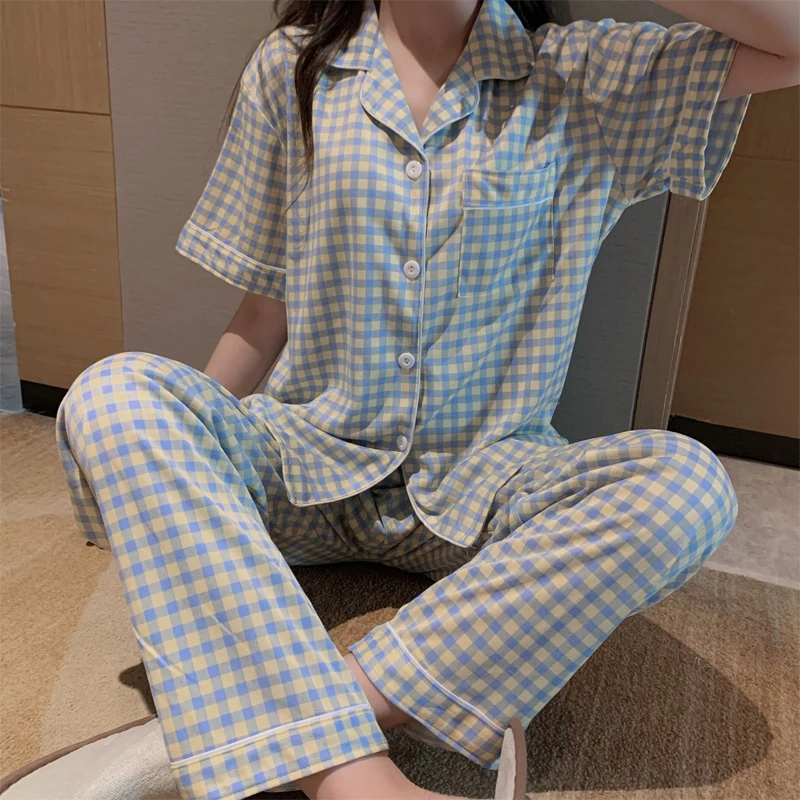 Korean Style Cute Grid Girls Pajamas Set Summer New Short Sleeves Leisure Sleepwear Women Loose Nightwear Soft Homewear Suit