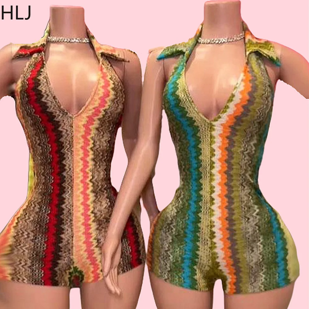 HLJ Sexy Stripe Printing Halter Bodycon Rompers Women Backless Sleeveless Slim One Pieces Jumpsuits Female INS Trend Overalls