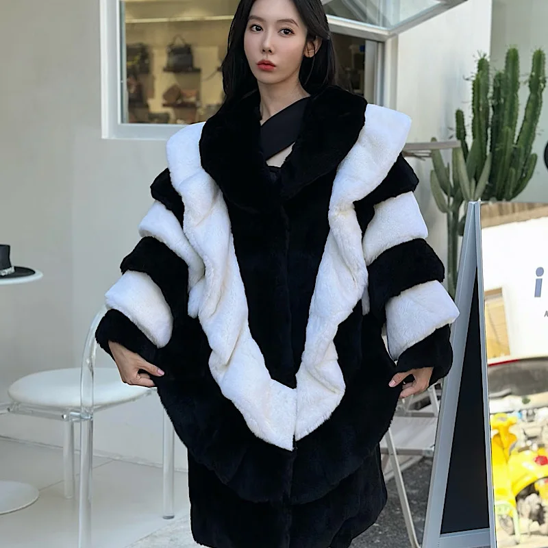 2023 New  Winter Whole Skin Fur Rex Rabbit Hair Fashionable Contrast Lapel Young Medium And Fur Coat Lady