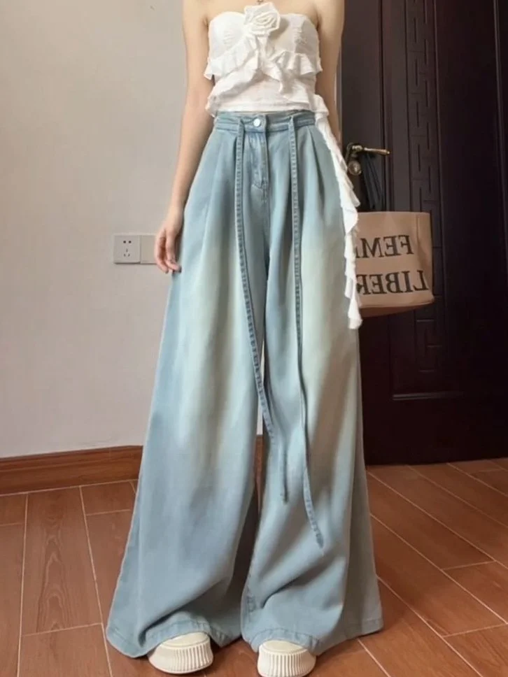 Light Wash High Waist Wide Leg Denim Jeans Women's Summer New Style Loose Fit Slimming Long Trousers Drawstring
