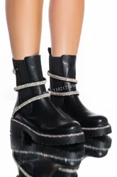 Snake Wrap marka czarne buty Bling Fringe kostki łydki botki czarne białe wzór stras buty podwyższone płaskie mody