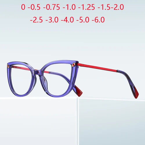 Gafas para miopía con montura morada transparente para mujer TR90, gafas graduadas antirayos azules de 0-0,5-0,75 a-6,0