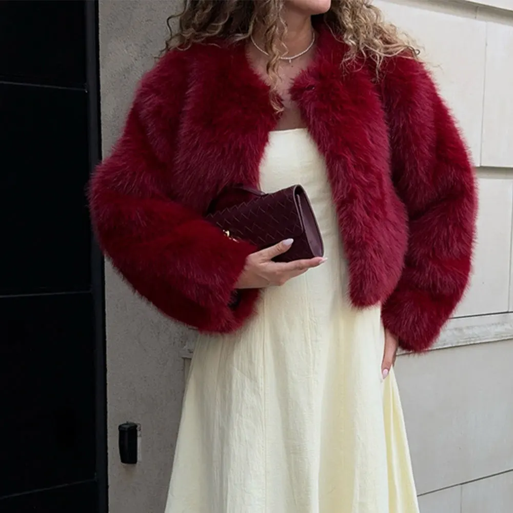 2025 겨울 여성 레드 인조 모피 재킷 시크한 소녀 패션 스트리트웨어 두꺼운 따뜻한 라운드 넥 폭스 퍼 코트 아우터웨어